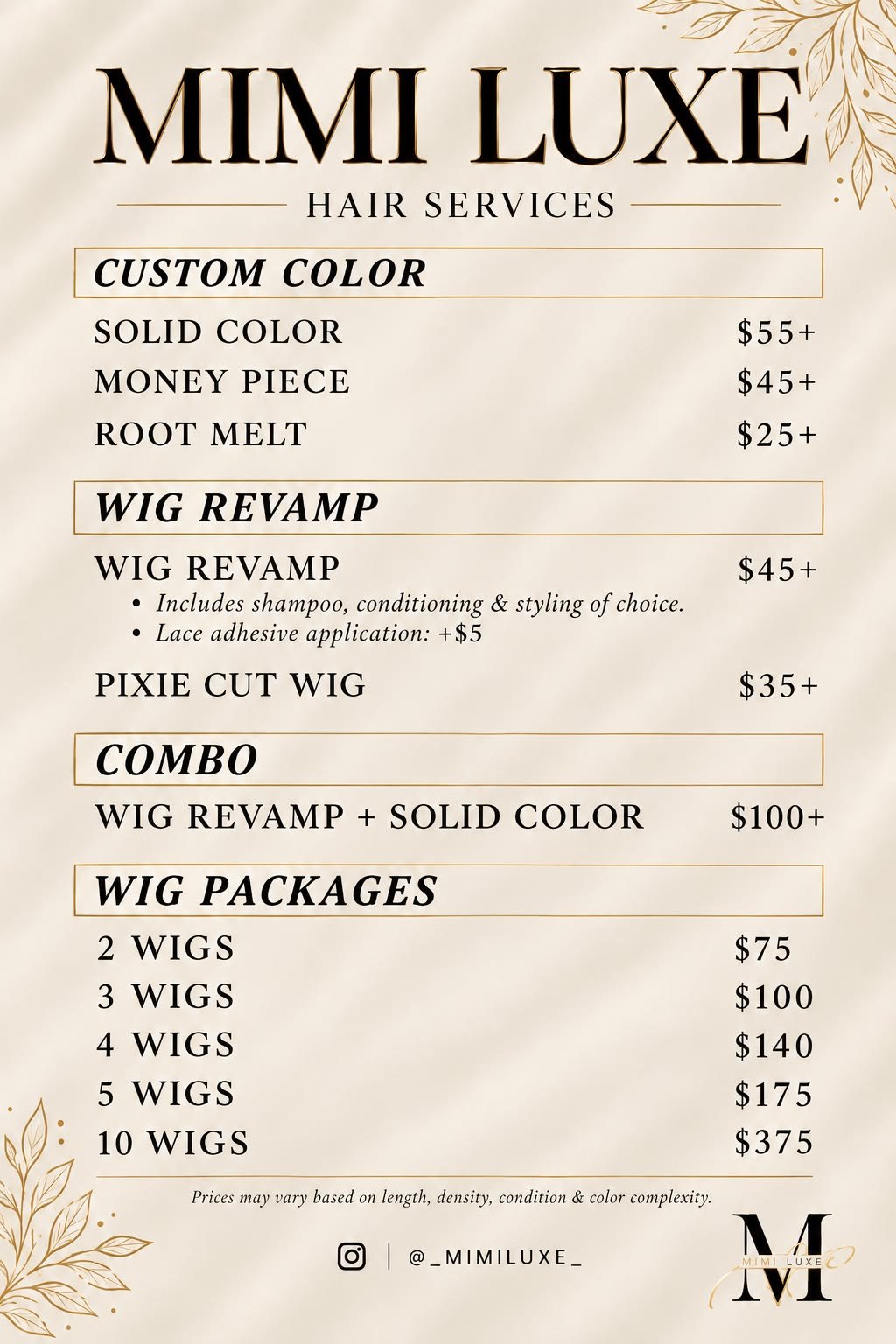 MIMILUXE Price Book